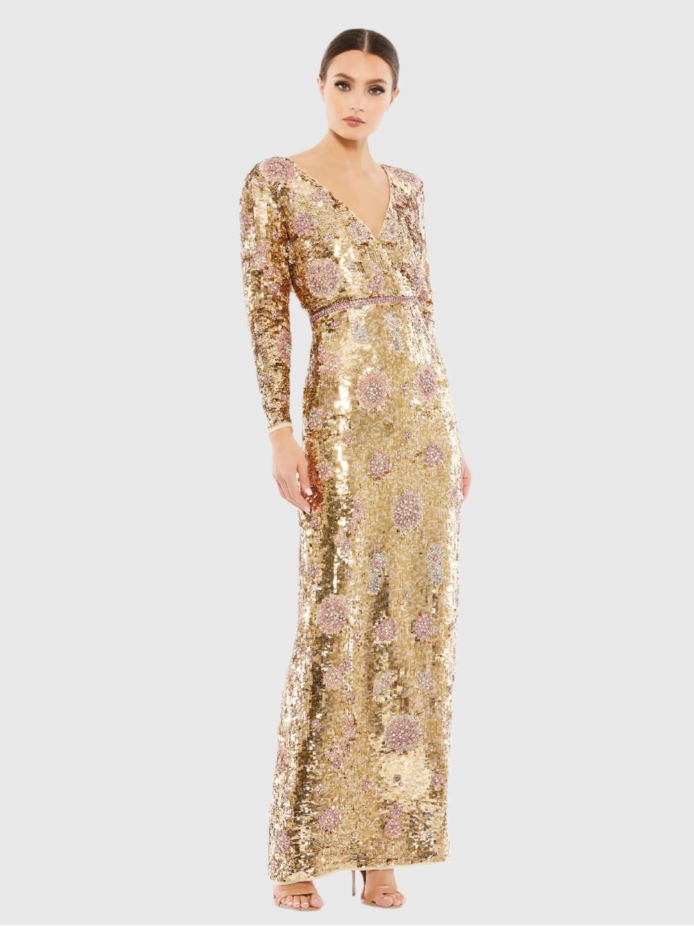 Mac Duggal Gold Sequin Long Sleeve Evening Gown